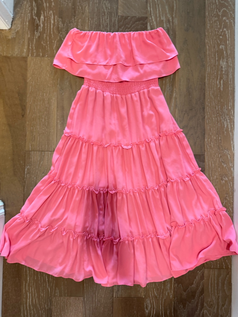 1 State Strapless Tiered Midi Lined Dress in Pink